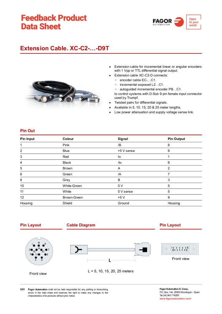 Data Sheet Extension Cable XC-C2-D9T