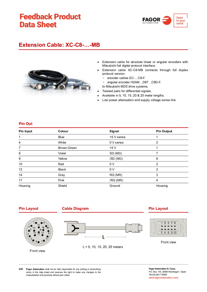 Data Sheet Extension Cable XC-C8-MB