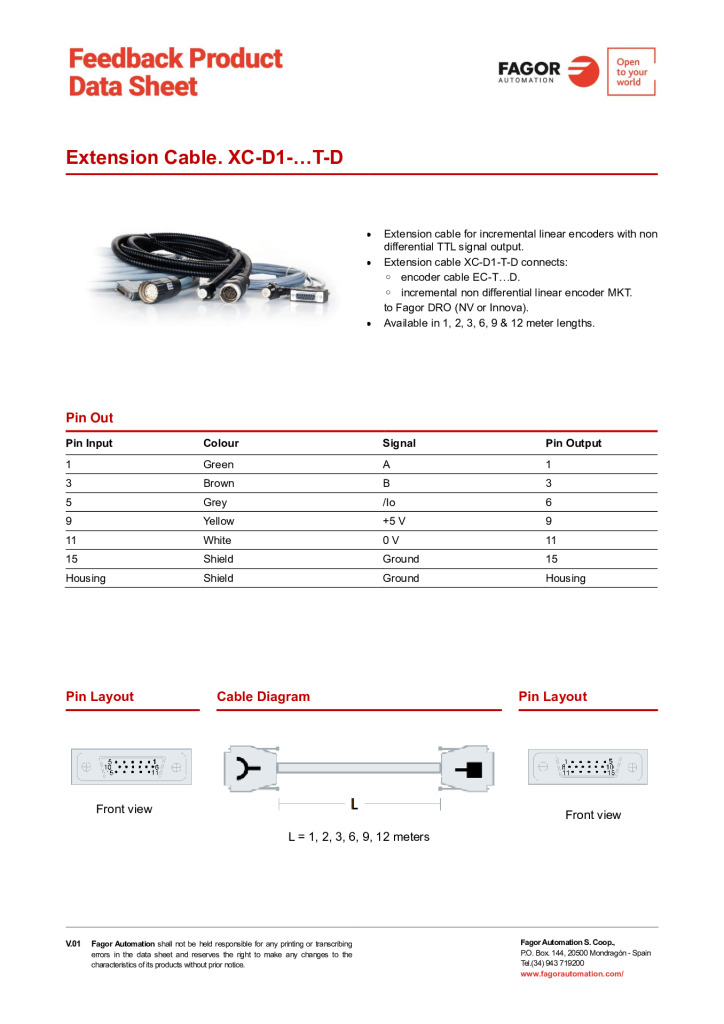 Data Sheet Extension Cable XC-D1-T-D