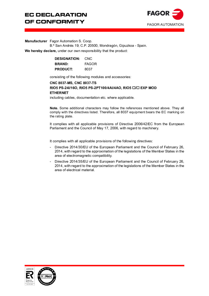 CNC 8037-MSTS. EC declaration of conformity