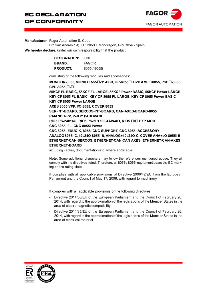 CNC 8055. EC declaration of conformity