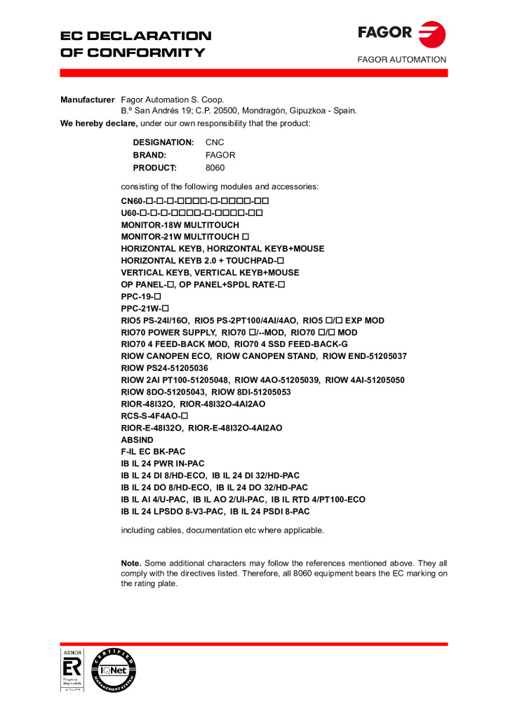 CNC 8060. EC declaration of conformity