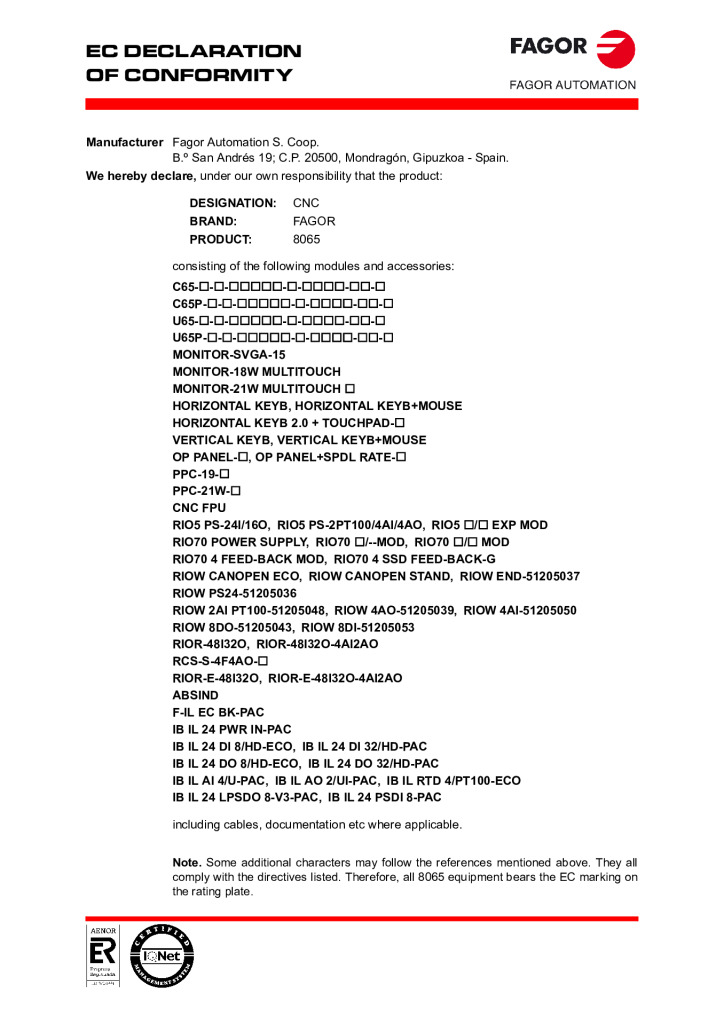 CNC 8065. EC declaration of conformity
