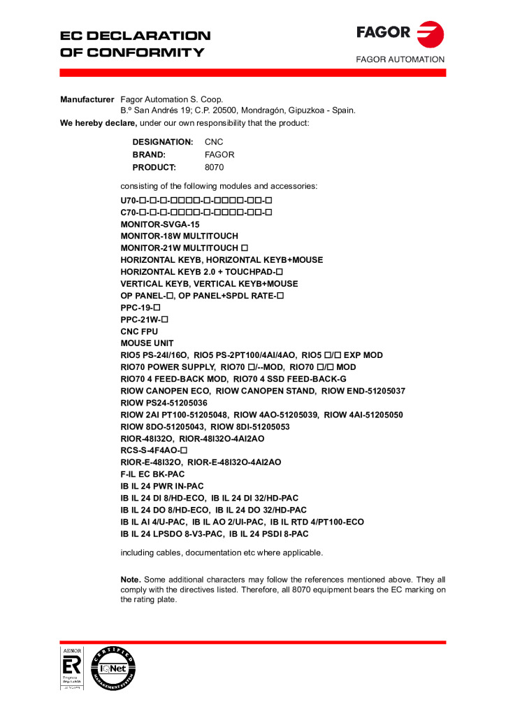 CNC 8070. EC declaration of conformity