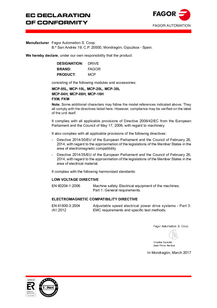 MCP. EC Declaration of conformity