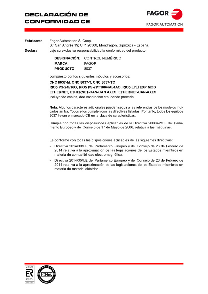 CNC 8037. EC declaration of conformity