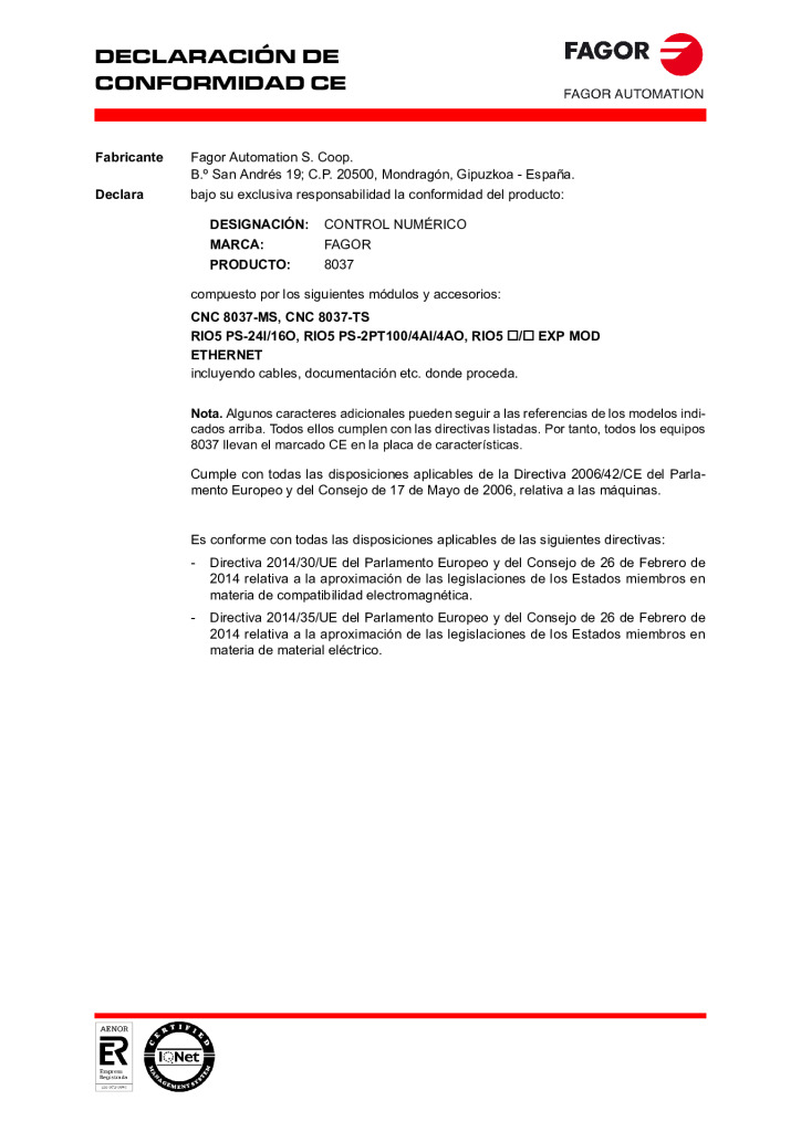 CNC 8037-MSTS. EC declaration of conformity