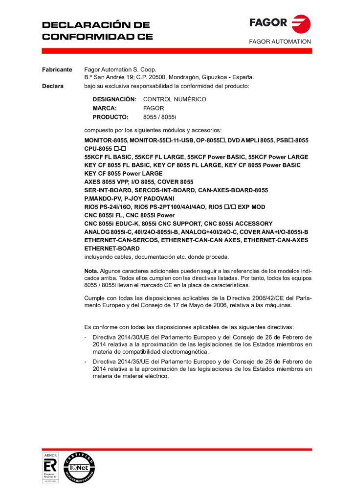 CNC 8055. EC declaration of conformity