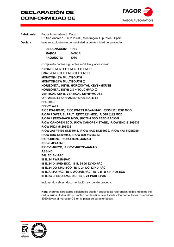 CNC 8060. EC declaration of conformity