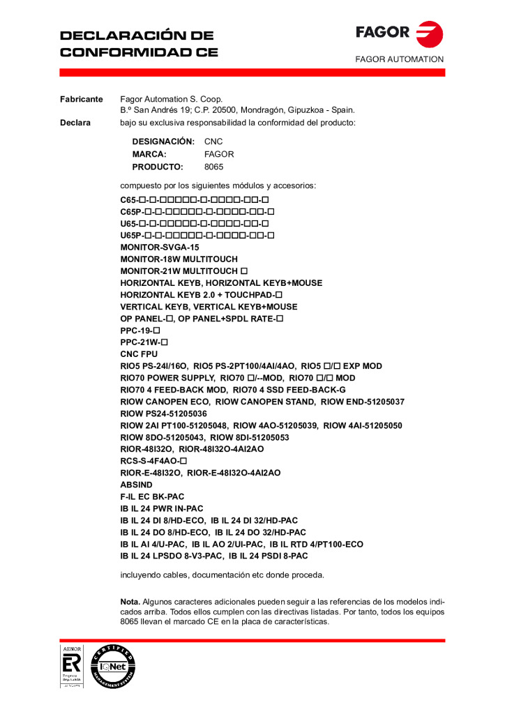 CNC 8065. EC declaration of conformity
