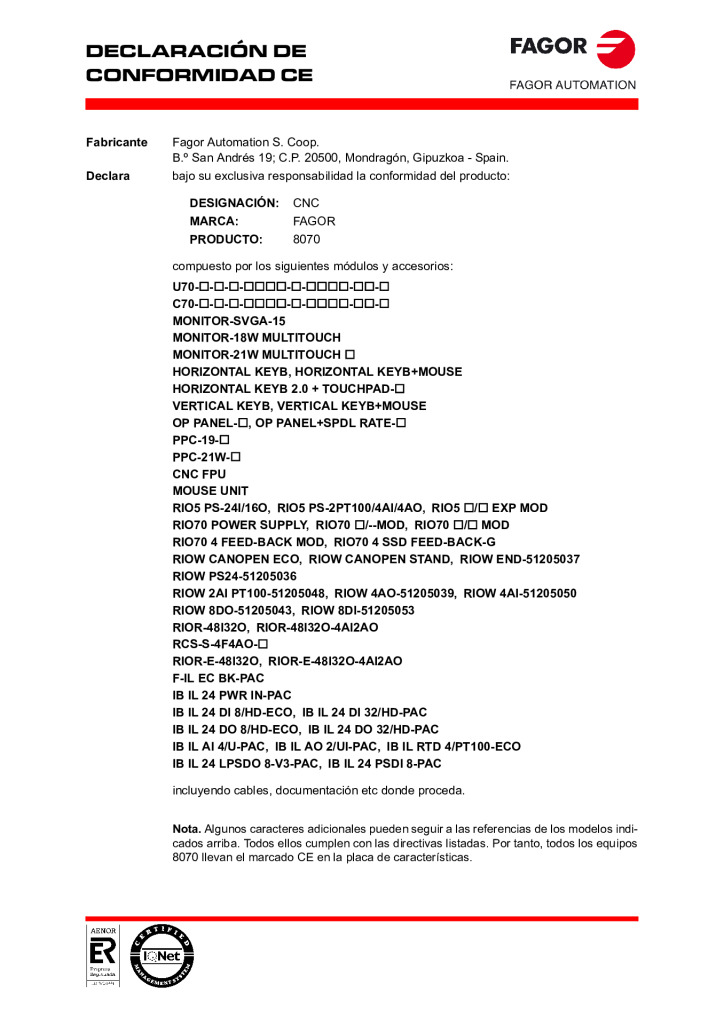 CNC 8070. EC declaration of conformity