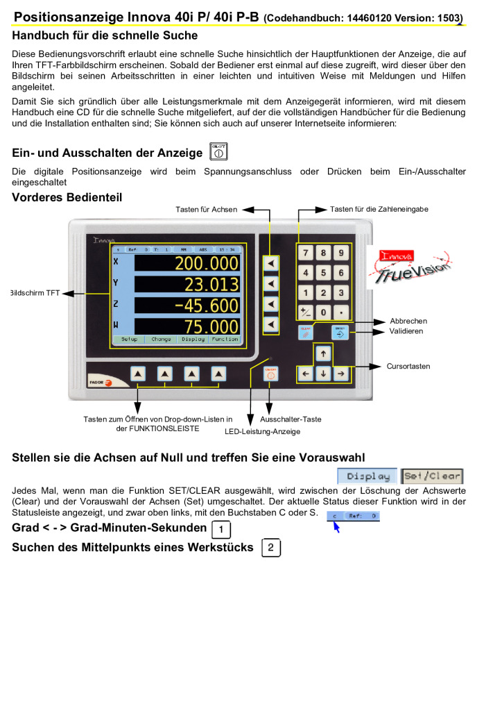 Readout Innova TFT 40iP display – 4 axis (quick reference)