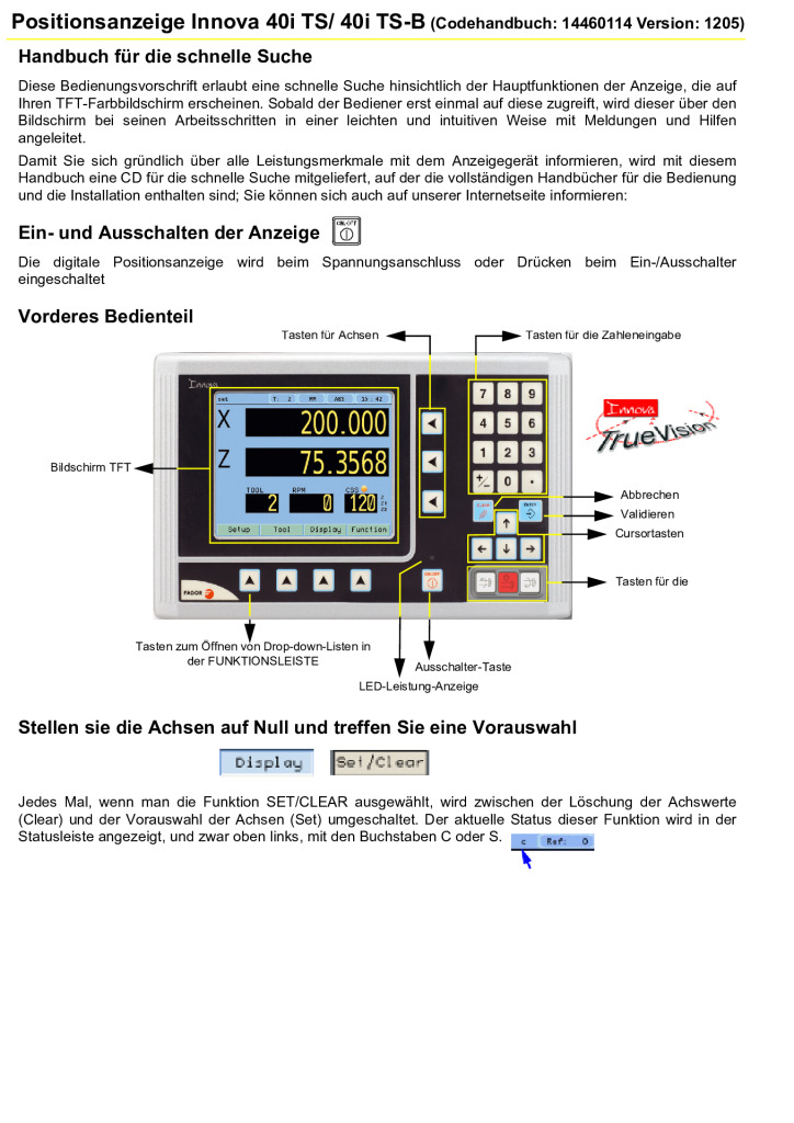 Readout Innova TFT 40iTS Display – Lathe (quick reference)