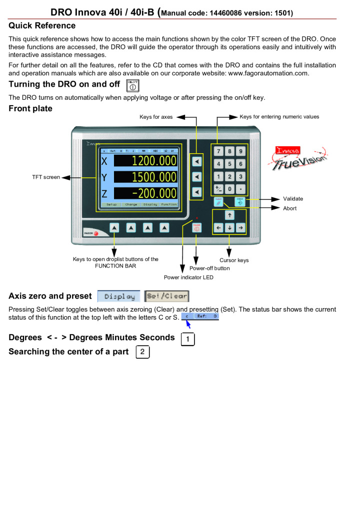 Readout Innova TFT 40i – 3-axis display (quick reference)