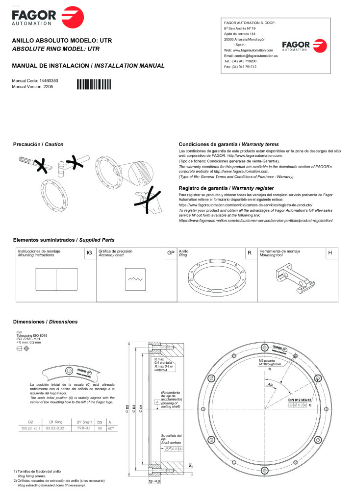 UT model absolute angular encoder without integral bearings – ring installation