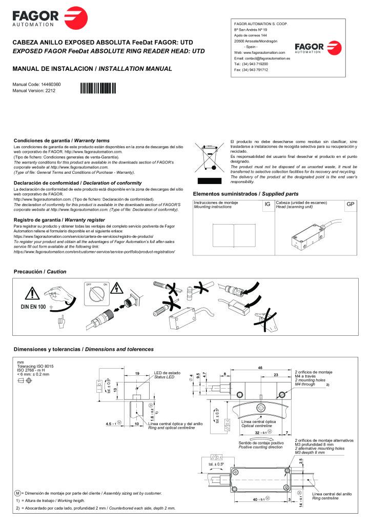 UT model absolute angular encoder without integral bearings – FeeDat (Fagor) protocol reader head