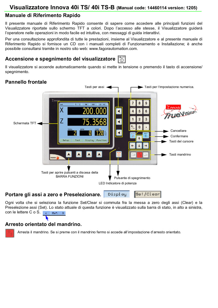 Readout Innova TFT 40iTS Display – Lathe (quick reference)