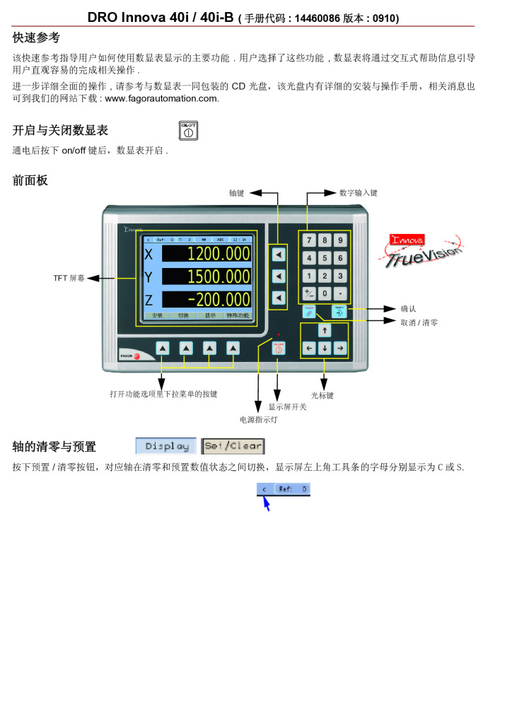 Readout Innova TFT 40i – 3-axis display (quick reference)